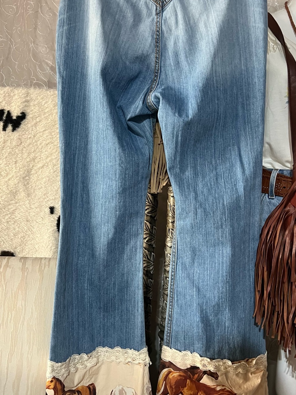 Upcycled Light Blue Flare Jeans with Horse Patch & Lace Trim - Picture 5 of 11